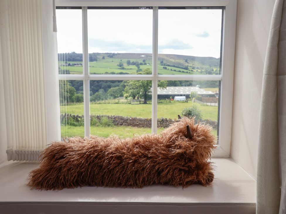 Deep window seat with a shaggy Highland-cow cushion, looking out through a large sash window over green fields to the hills